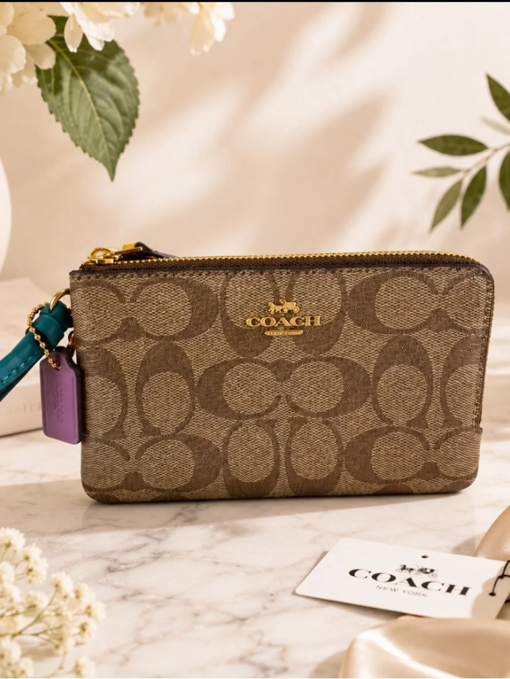 Coach Double Corner Zip Wristlet Signature Canvas Khaki Brown Multi NWT